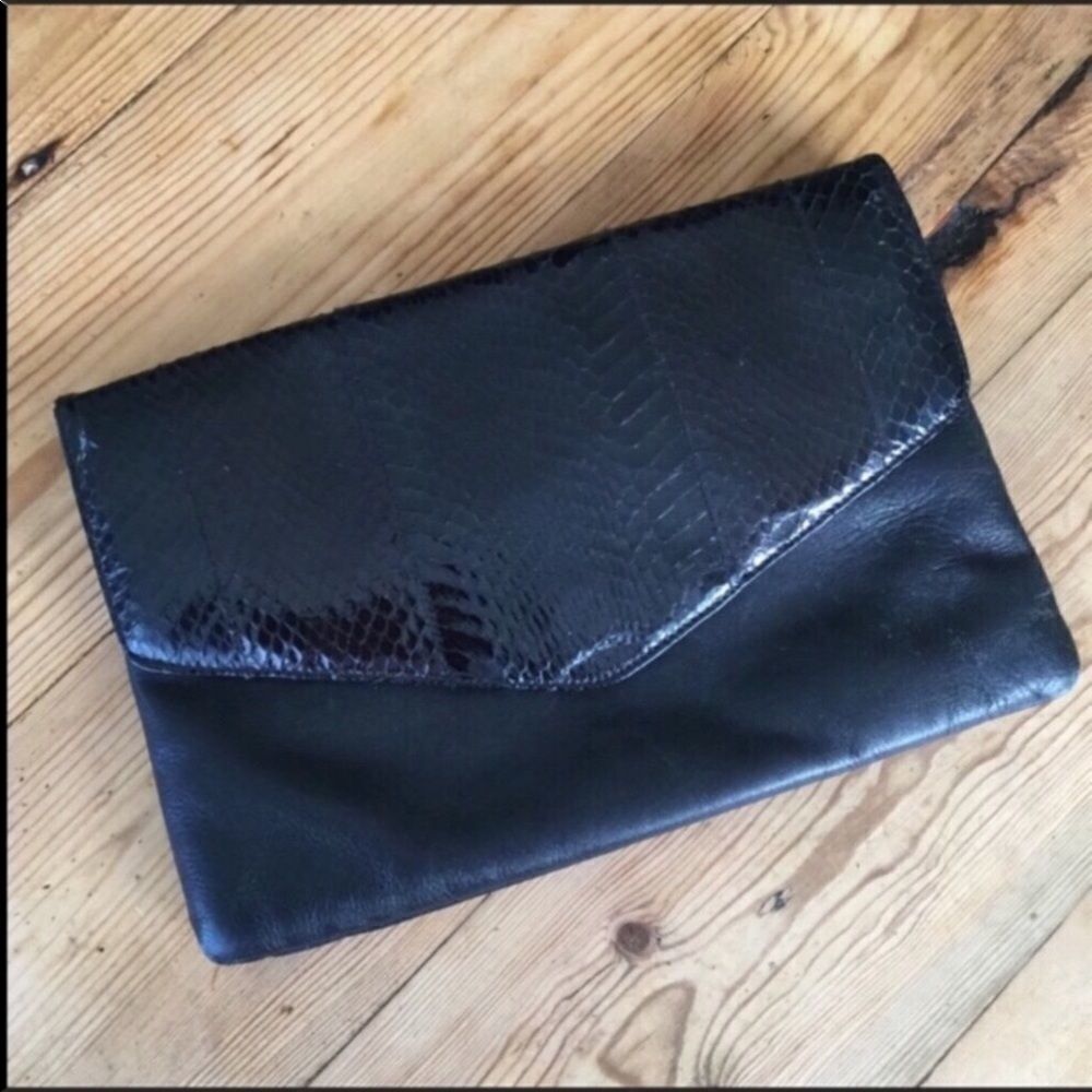 Vintage Black Leather Snake Skin Print Envelope Purse Bag Clutch